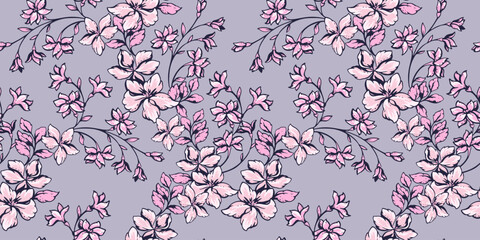 Monotone gently floral stems with leaves, buds seamless pattern on a grey background. Blooming wild spring or summer meadow print. Vector hand drawn abstract artistic branches in many kinds
