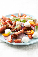 Summer Salad with Mozzarella Cheese, Tomatoes and fresh Basil. Bright wooden background.