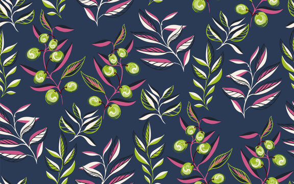 Creative stylized branches, olive berries, leaf seamless pattern. Modern simple dark blue background with colorful abstract leaves stems with shapes drops spots pattern. Vector hand drawn.