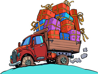 Gift delivery worldwide for New Year's Eve. Modern Santa Claus reindeer. Red car with lots of presents