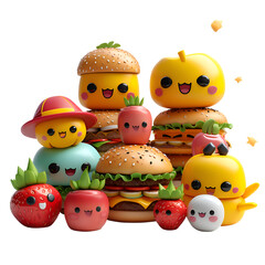 A lively and joyful 3D render of a hamburger party with burger friends having a fun picnic. Created with generative AI.