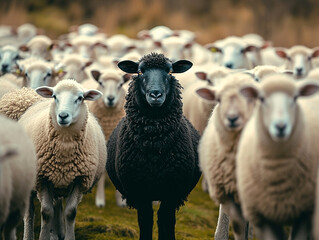 Una pecora nera in mezzo a un gregge di pecore bianche, che alza la testa come un leader - Concetto di distinguersi dalla massa, di essere diverso e unico con una propria identità e abilità speciali  - obrazy, fototapety, plakaty