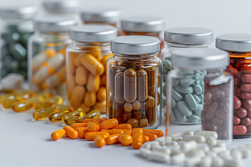 Pills or capsules in bottles, vitamins, antidepressants, anti-anxiety medications, drug overdose concept