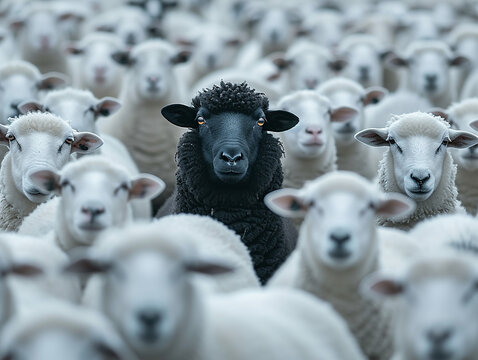 Una pecora nera in mezzo a un gregge di pecore bianche, che alza la testa come un leader - Concetto di distinguersi dalla massa, di essere diverso e unico con una propria identit&agrave; e abilit&agrave; speciali 