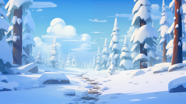 winter anime artwork with snowy trees and a small path