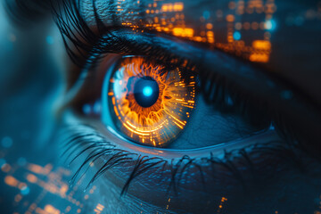 Retina scan technology. Biometric technology for personal data identity. Female eye macro photo with digital abstract infographics. 