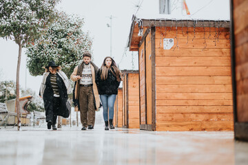 Group of young people in winter clothing walking outside near wooden cabin during a gentle...