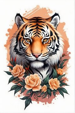 A detailed illustration of vintage tiger head, flowers splash, print, t-shirt design.	