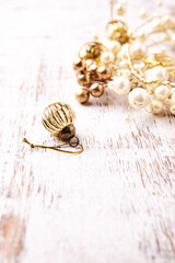 Christmas decoration on rustic wooden background. Soft focus. Copy space.