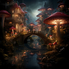 Mystical toadstool village inhabited by fairies