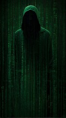 cascade of green binary code, forming a silhouette of a hacker in a hoodie