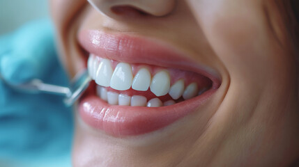 Fototapeta premium Detailed view of mouth smile of a young woman at the dentist's office