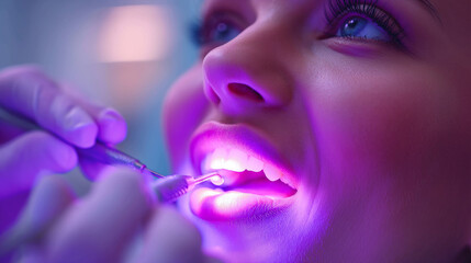 Dentist is light tooth filling with a patient - a pretty young girl. Dental health, tooth enamel
