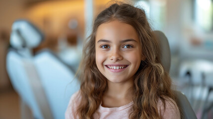 Pretty young girl smiling in dental room. Dental health, tooth enamel