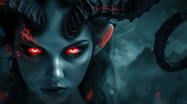 Scary look of a demon woman face with red eyes AI generated image