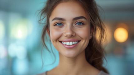 Fototapeta premium Closeup portrait of young happy woman looking in camera