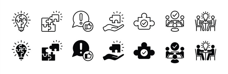 Problem solving thin line icon set. Creative business solutions containing innovation, creativity, teamwork, discussion, idea lightbulb, answer, puzzle. Vector illustration - obrazy, fototapety, plakaty