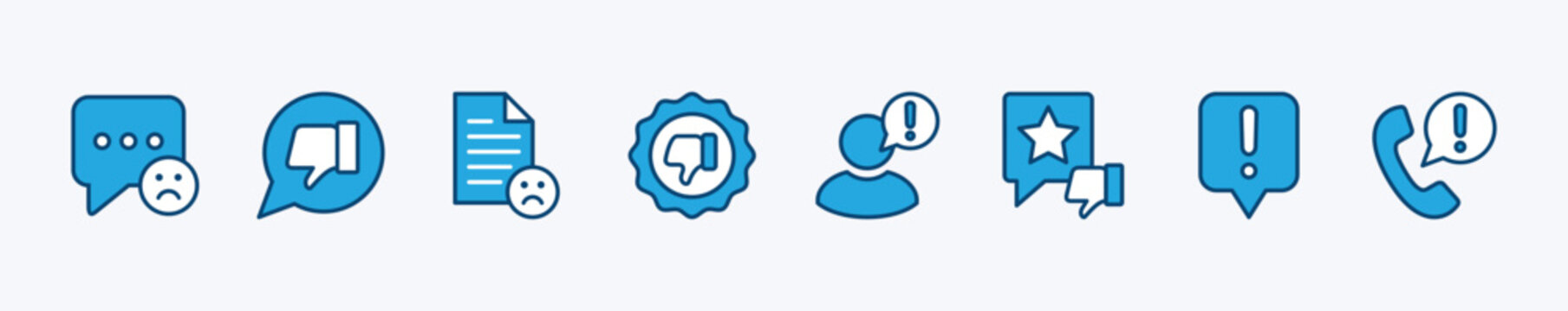 Set of complaint icon for customer service and communication support. Containing poor feedback, unhappy, dislike, 1 star, rating review, comment. Vector illustration