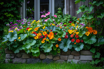 Fototapeta na wymiar summer outdoor flower bed near the house