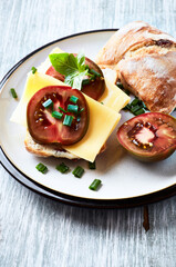 Sandwich with cheese and tomatoes. Close up.	