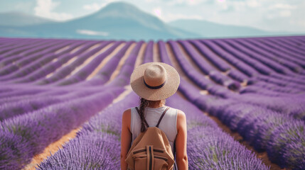 Traveler Admiring the Vast Lavender Fields.