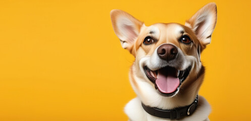 Funny dog on a bright yellow background, banner, place for text. Generated AI