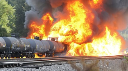 Burning train. Leakage of petroleum products. Fire and pollution of the ecosystem. Fiery destruction, toxic oil leak, an environmental tragedy.
