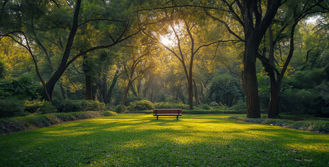 Park bench in the morning light with trees and flowers in the foreground.Sunset in the park with...