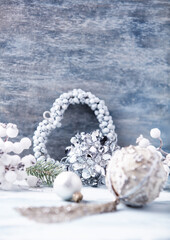 Christmas decoration on rustic wooden background. Soft focus. Copy space.	