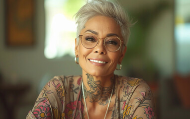 Multiracial Woman With Face and Neck Tattoos - Powered by Adobe