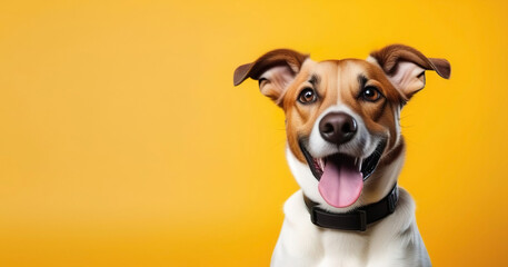 Funny dog on a bright yellow background, banner, place for text. Generated AI