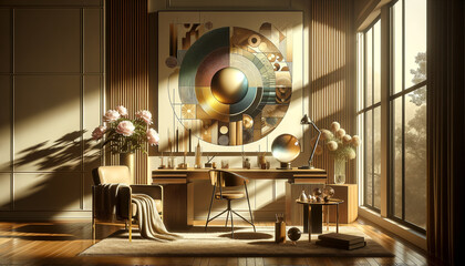 Obraz na płótnie Canvas Minimalist home office with crystal sphere representing descriptive analytics.