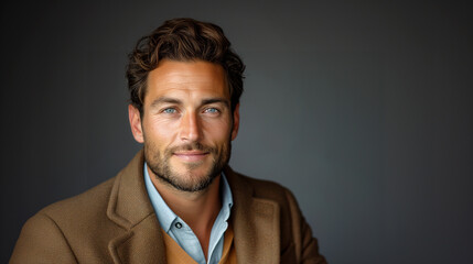 Fototapeta premium A confident and handsome businessman with a friendly smile, captured in a close-up portrait in a studio setting