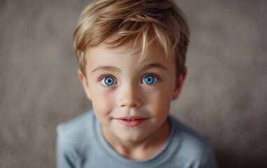 Fototapeta premium Young Boy With Blue Eyes Looking at the Camera