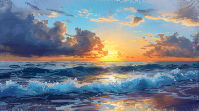 A painting of a sunset over the ocean with waves.