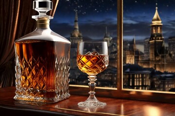 Obraz na płótnie Canvas Whiskey glass jag decanter on wooden counter with view to night city
