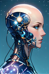3D illustration of science fiction female humanoid cyborg lost in futuristic neon lit cyberpunk city.