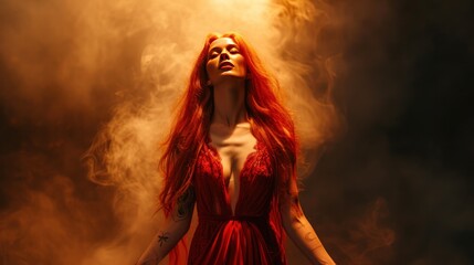 Graceful female model in red dress, beautiful dress concept AI generated image - obrazy, fototapety, plakaty
