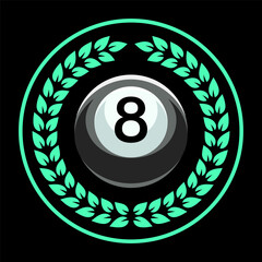 Billiard logo. Black ball color with the number eight and laurel wreath. 8. Pool game. Snooker.