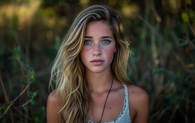 Fototapeta premium Multiracial Woman With Freckled Hair Standing in Field