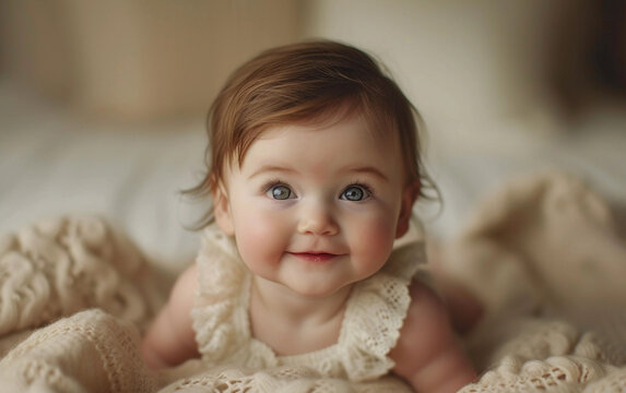 A Baby Girl Laying on a Bed With a Blanket
