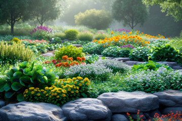 flower beds with flowers and vegetables in the backyard