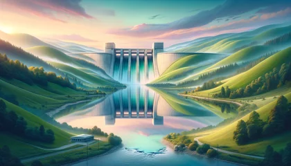 Foto auf Leinwand Tranquil hydroelectric dam in lush valley, harmonizing with nature. © TechArtTrends