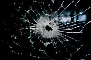 bullet hole in glass on a black background