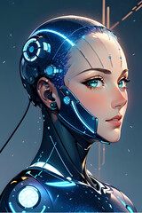 3D illustration of science fiction female humanoid cyborg lost in futuristic neon lit cyberpunk city.