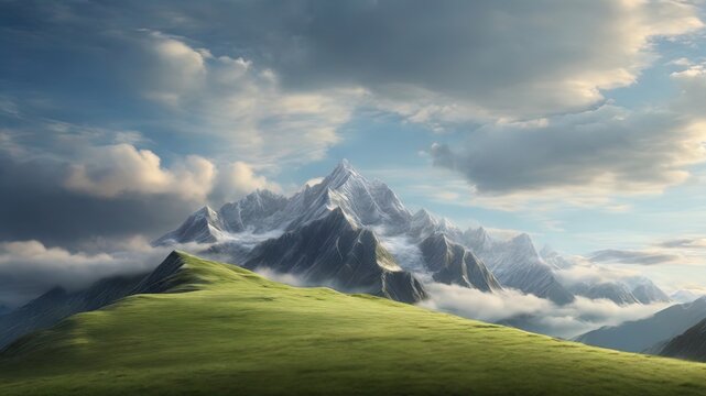 a breathtaking landscape of majestic mountains, green fields, and dynamic clouds. It is ideal for nature themed content, travel and adventure visuals. It is a high quality image