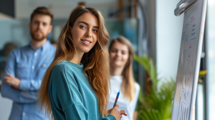 Fototapeta premium confident woman presenting a graph on a whiteboard during a meeting with a group of attentive colleagues in an office