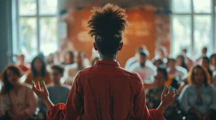 person is standing with their back to the camera, addressing an audience in what appears to be a public speaking event or conference - obrazy, fototapety, plakaty