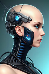 3D illustration of science fiction female humanoid cyborg lost in futuristic neon lit cyberpunk city.