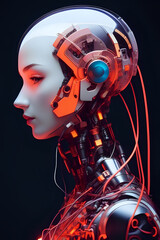 3D illustration of science fiction female humanoid cyborg lost in futuristic neon lit cyberpunk city.